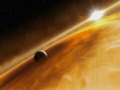 Художественная иллюстрация, изображающая звезду и планету.