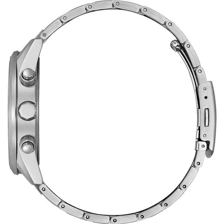 Вид сбоку на часы Citizen World Chronograph A.T. AT8260-85X, на котором видны корпус из нержавеющей стали, заводная головка, две кнопки хронографа и браслет.