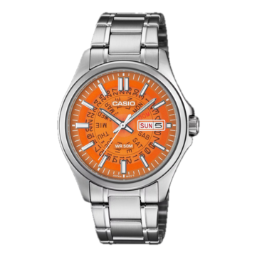 Модель MTP-E740-4AV от Casio оранжевого цвета отличается полупрозрачным циферблатом, дизайн которого вдохновлён часами Seiko серии Time Sonar 1970-х годов.