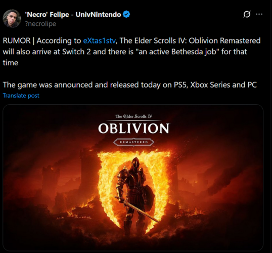 Утечка информации о The Elder Scrolls IV: Oblivion Remastered Switch 2 от eXtas1stv (Источник изображения: скриншот, аккаунт 'Necro' Felipe #UnivNintendo X)