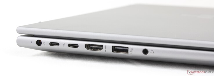 Слева: сетевой адаптер, 2x USB-C Thunderbolt 4 w/ Power Delivery + DisplayPort 2.1, HDMI 2.1, USB-A (5 Гбит/с), гарнитура 3,5 мм