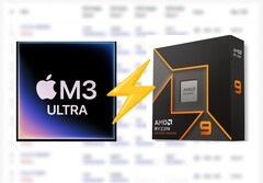 Applem3 Ultra в Cinebench 2024 опережает процессор Ryzen 9 9950X примерно на 25%. (Источник изображения: Apple, AMD, отредактировано)