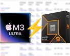 Applem3 Ultra в Cinebench 2024 опережает процессор Ryzen 9 9950X примерно на 25%. (Источник изображения: Apple, AMD, отредактировано)