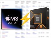 Applem3 Ultra в Cinebench 2024 опережает процессор Ryzen 9 9950X примерно на 25%. (Источник изображения: Apple, AMD, отредактировано)
