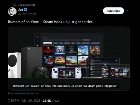 Сообщение Jez Corden Steam on Xbox App X (Источник изображения: скриншот, аккаунт Jez Corden X)
