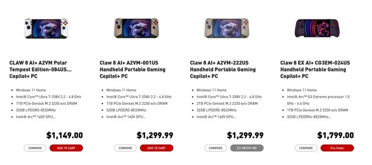 Модель MSI Claw 8 EX AI+ значительно дороже предыдущих моделей.