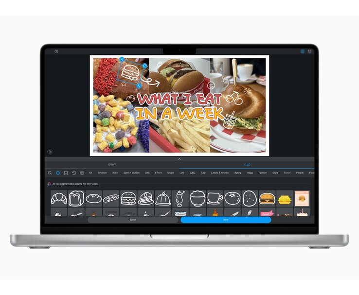MacBook демонстрирует приложение VLLO с наклейками, предложенными искусственным интеллектом, для видеоролика о еде. (Источник изображения: Apple Newsroom)