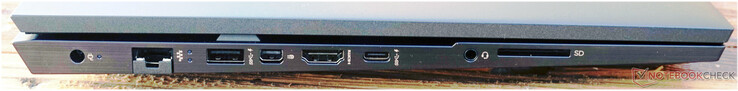 Левая сторона: разъем питания, гигабитный LAN, USB-A 3.0 (5 Гбит/с, HP Sleep and Charge), miniDP, HDMI, USB-C (10 Гбит/с, PD, DP), аудио разъем, картридер