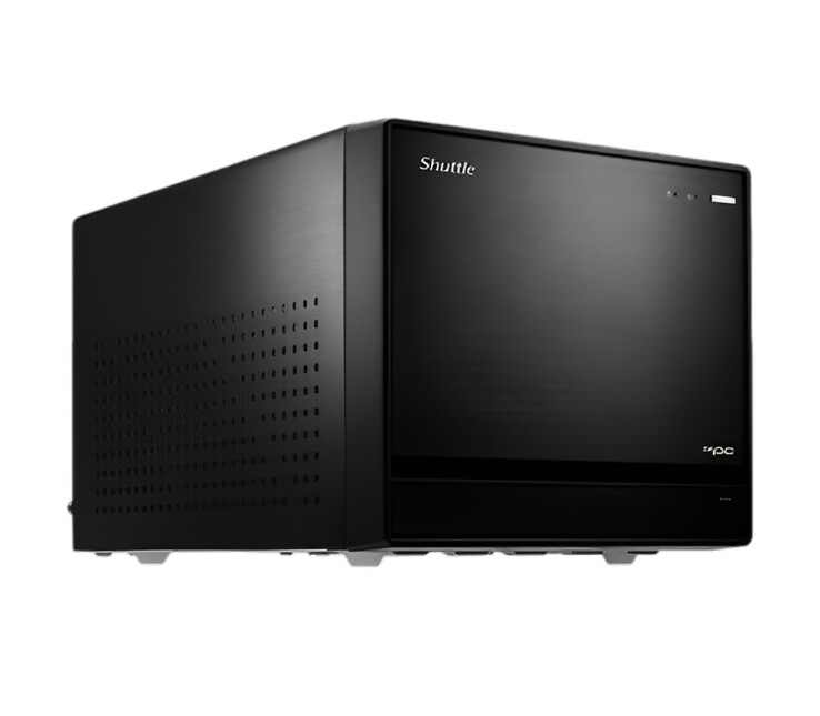 На этом изображении представлен еще один вид спереди на SFF ПК Shuttle XPC Cube, который выглядит как черная прямоугольная коробка 