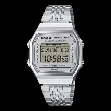 Casio ABL-100WE-7A с серебристым циферблатом, серебристым корпусом и браслетом.