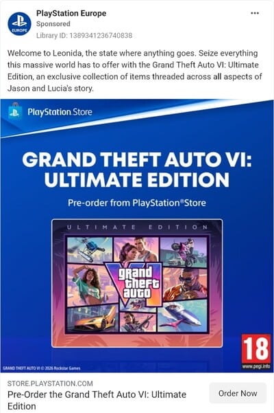 Реклама PlayStation Store, на которой показан окончательный рейтинг PEGI для GTA 6 на PS5