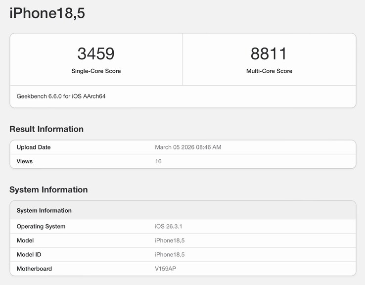 Утечка листинга Geekbench для iPhone 17e.