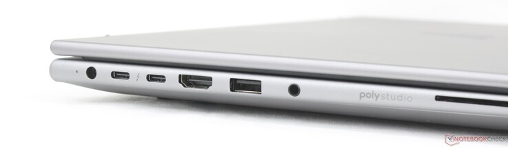 Слева: сетевой адаптер, 2x USB-C Thunderbolt 4/ DisplayPort 2.1 + Power Delivery (40 Гбит/с), HDMI 2.1, USB-A (5 Гбит/с), 3,5 мм комбо-аудио, считыватель смарт-карт (опционально)