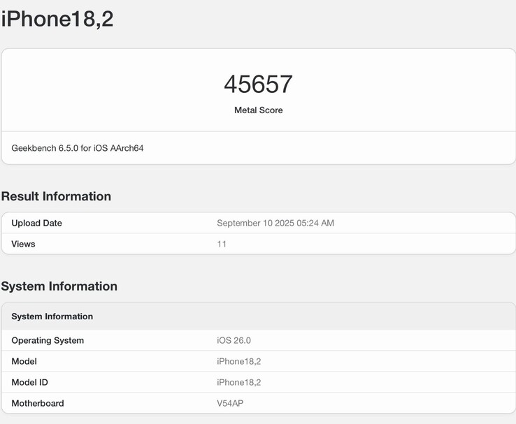 Скриншот Geekbench 6 показывает Apple iPhone 17 Pro с A19 Pro в бенчмарке Metal GPU (Источник изображения: @jimmyjames_tech в Twitter)