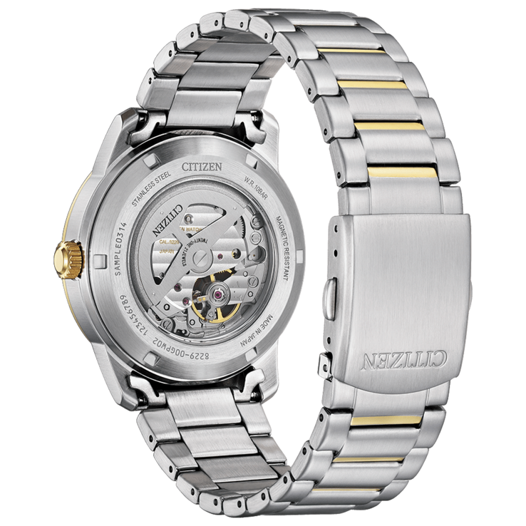 Прозрачная задняя крышка корпуса часов Citizen NH9154-51A, демонстрирующая механический механизм.