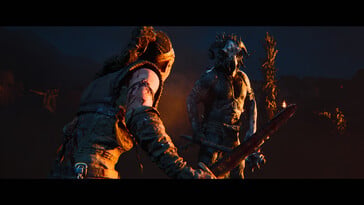 Изображение, показывающее битву между Сенуа и врагом в игре Senua's Saga: Hellblade II.