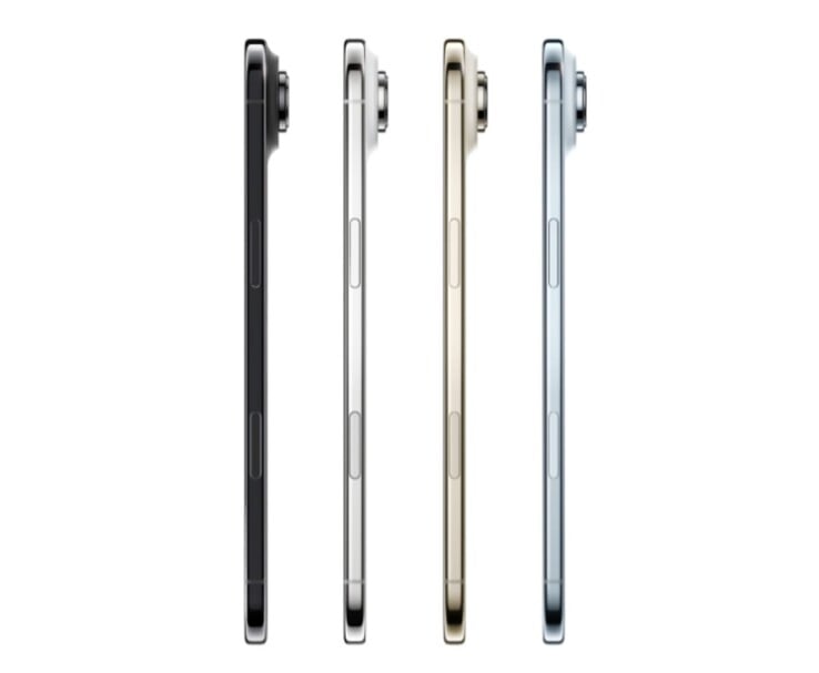 Вид сбоку четырех моделей Apple iPhone Air в черной, белой, золотой и синей отделках (Источник изображения: Apple)