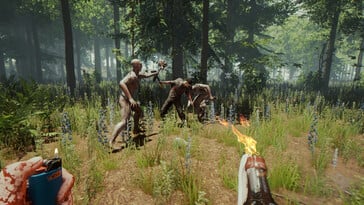 Изображение, на котором запечатлена схватка в игре «The Forest».