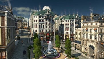 Изображение, показывающее современный город и здания в Anno 1800.