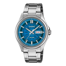 Часы Casio MTP-E740-2A2V с ярко-синим полупрозрачным циферблатом.