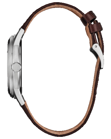 Вид сбоку на часы Citizen Rolan AW2110-14Z, на котором видны корпус из нержавеющей стали, заводная головка и кожаный ремешок.