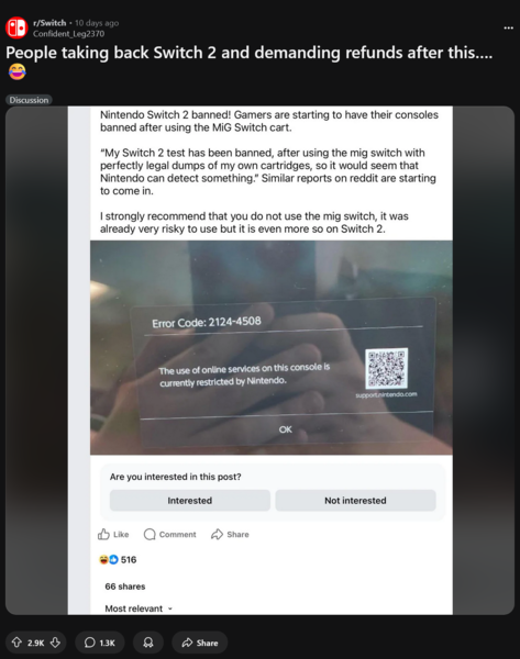 Switch 2 Запрет Nintendo Switch Online за использование флеш-картриджа Mig (Источник изображения: Switch subreddit)