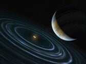 Художественная иллюстрация, на которой изображены голубая планета и две звезды.