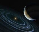 Художественная иллюстрация, на которой изображены голубая планета и две звезды.
