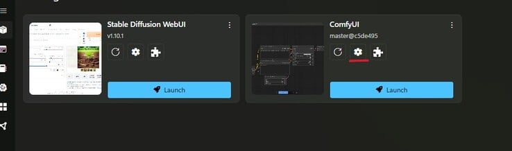 Снимок экрана концентратора пакетов Stability Matrix с настройками, выделенными красным цветом на плитке ComfyUI. (Источник изображения: Захват экрана Windows)