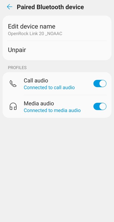 Добавление '_NOAAC' к имени OpenRock Link 20 в настройках Bluetooth на сайте Android заставляет наушники использовать аудиокодек SBC, а не AAC. (Источник изображения: Notebookcheck)