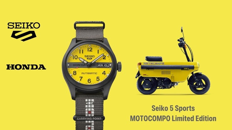 Инфографика, на которой представлены часы Seiko 5 Sports Field x Honda Motocompo рядом со скутером Motocompo.