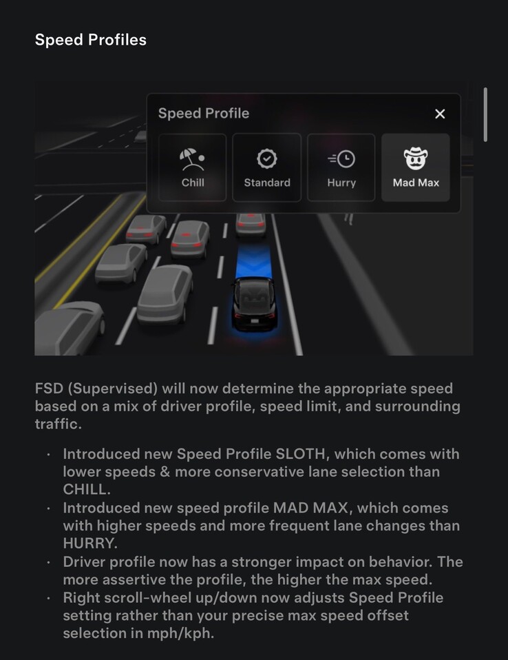 Changelog последнего обновления FSD 14.1.2 с профилем вождения Mad Max. (Источник изображения: Tesla)