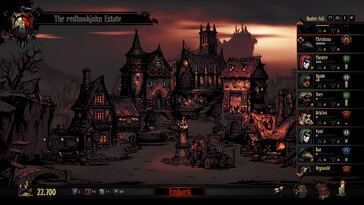 Изображение, показывающее город в Darkest Dungeon. 