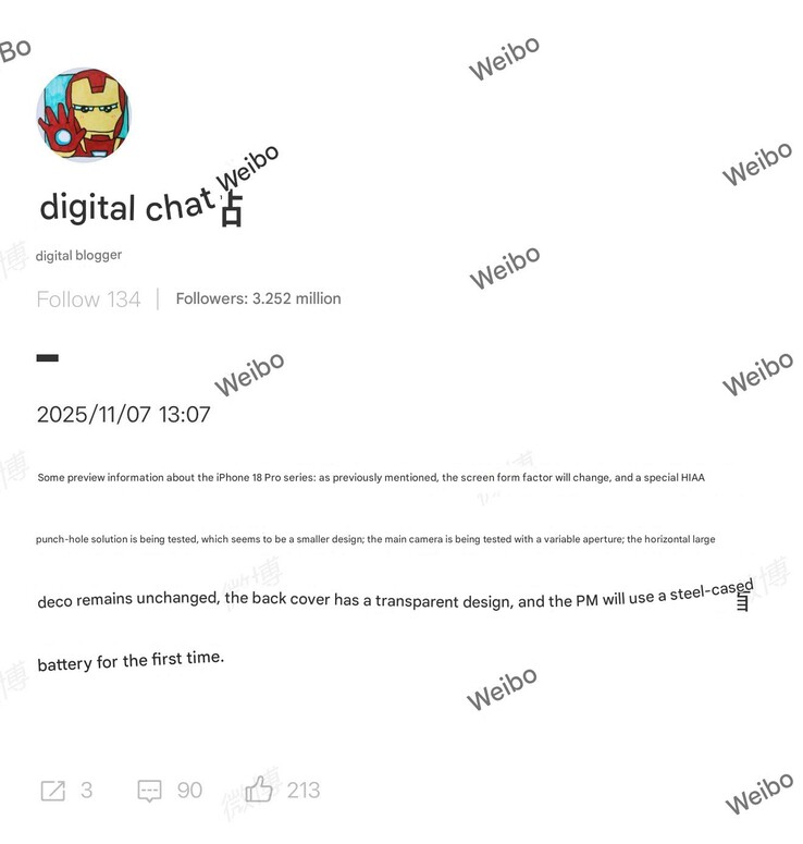 Аппаратные слухи об IPhone 18 Pro. (Источник изображения: Digital Chat Station)