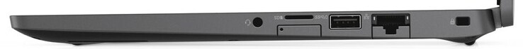 Правая сторона: комбинированный аудио разъем, картридер, слот micro SIM (выше), 1x USB 3.1 Gen 1 Type A, гигабитный Ethernet, слот замка Noble Lock