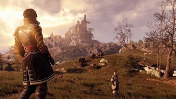 Изображение, показывающее пейзаж и двух персонажей в игре GreedFall.
