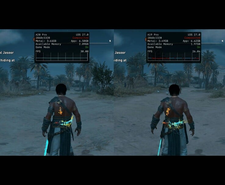 Assassin’s Creed Mirage работает на iPhone 18 Pro Max и iPhone 17 Pro Max, демонстрируя разницу в FPS.