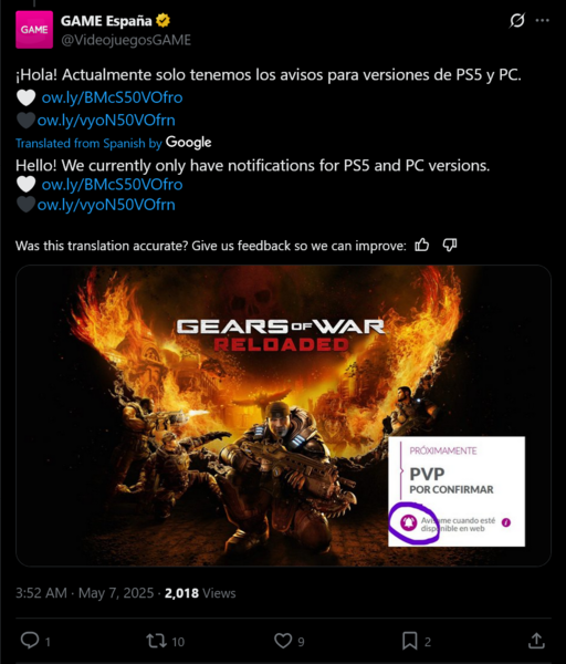 Сообщение Game Espana Gears of War: Reloaded X (Источник изображения: скриншот, аккаунт Game Espana X)