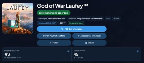Показано место God of War Laufey в рейтинге предзаказов PlayStation Store
