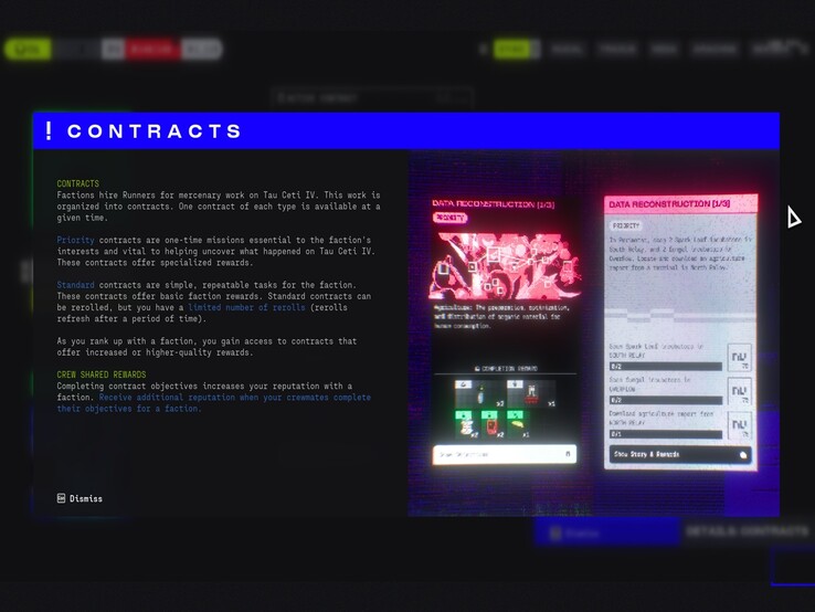 На экране контрактов Marathon показано разделение между приоритетными и стандартными заданиями, выделены награды фракций, рероллы и повышени