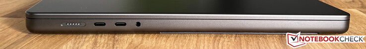 Левая сторона: MagSafe, 2x USB-C 4.0 (Thunderbolt 4 40 Гбит, DisplayPort-ALT mode 1.4, Power Delivery), аудио разъем
