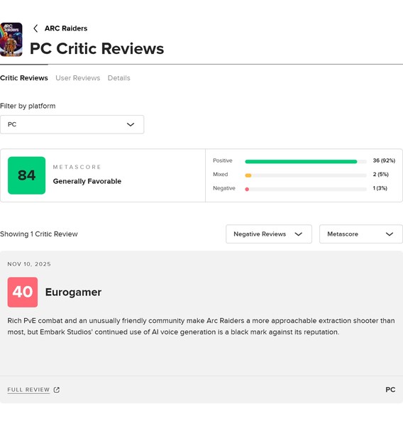 Средний балл рецензий Arc Raiders на Metacritic (Источник изображения: скриншот, Metacritic)