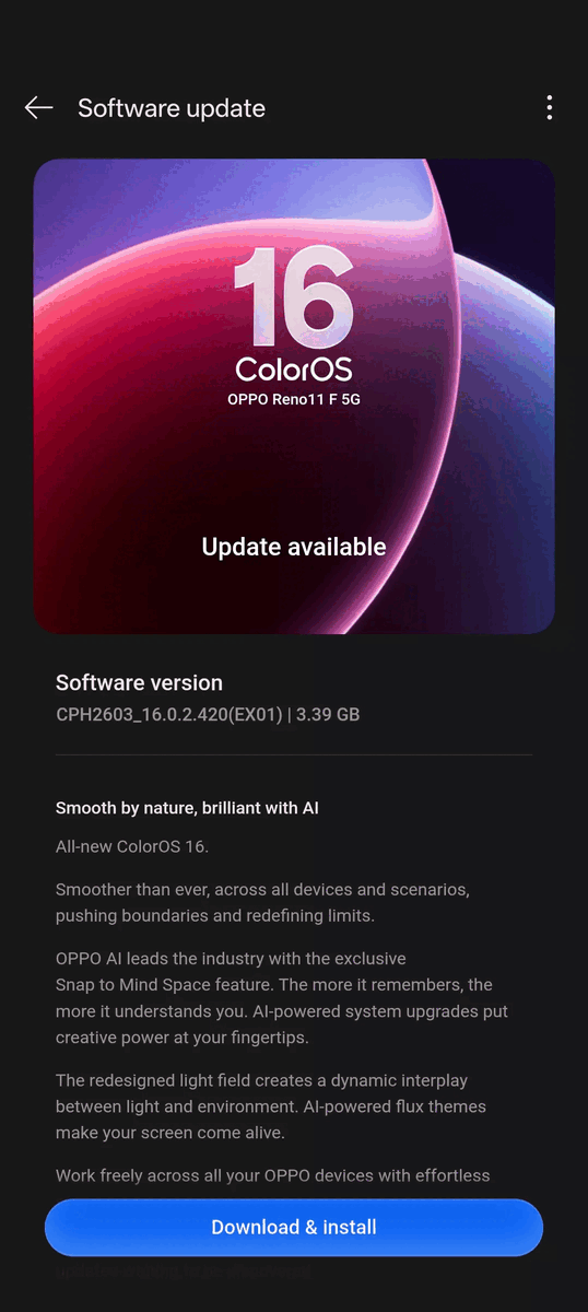 ColorOS 16 OTA на Reno 11 FS 