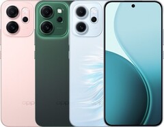 Oppo Reno14 F поставляется в глянцевом розовом, светящемся зеленом и опаловом зеленом цветовых вариантах (Источник изображения: Oppo)