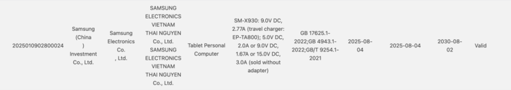 Tab S11 Ultra получил сертификат 3C. (Источник изображения: Сертификация 3C)