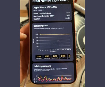 Apple iPhone 17 Pro Max демонстрирует 90,5% стабильности в результатах бенчмарка 3DMark Steel Nomad Stress Test на экране (Источник изображения: u/T-K-Tronix via r/iphone)
