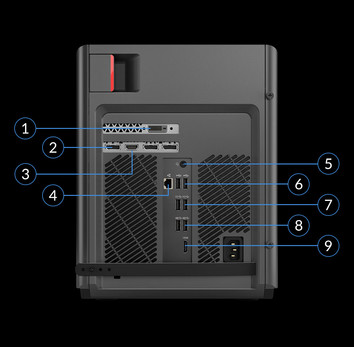 Сзади: DVI, DisplayPort, HDMI, аудиовыход 3.5 мм, RJ-45, 2x USB 2.0, 2 x USB 3.1 Gen. 2, 2 x USB 3.1 Gen. 1, коннектор питания