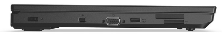 Слева: разъём питания, mini-DisplayPort, разъём VGA, USB 3.1 Gen 1 (тип A), слот ExpressCard (34 mm), SD-картридер
