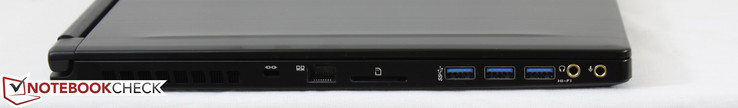 Слева: слот замка Kensington, Ethernet-порт, кардридер, 3x USB 3.0, 3.5 мм аудио разъем / SPDIF, гнездо микрофона