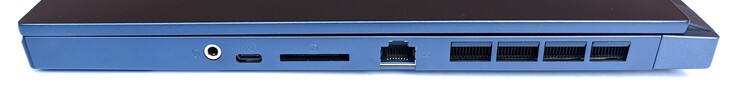 Справа: Аудиогнездо 3.5 мм, USB C 3.2 Gen 2, вырез для карт SD, RJ-45 Ethernet 10/100/1000, вентиляция